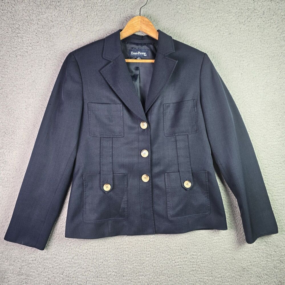 Evan Picone Sz 12 Navy Blue Blazer 3 Button Split Cuff Utility Pocket Classic